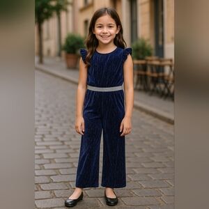 Zunie Girls Jumpsuit Blue Velvet Sparkle Ruffle Sleeve Holiday Party Outfit 10